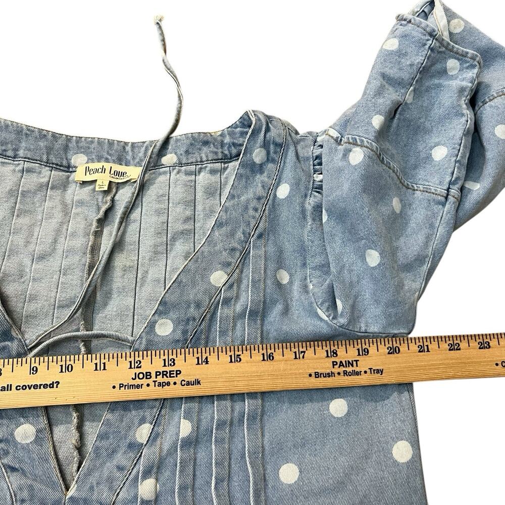 Peach Love California Polka Dot Denim Romper Large Oversized Puff Sleeve Pleated - Picture 10 of 10